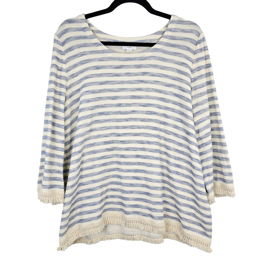 J Jill Striped Pullover Tunic Top Fringe Trim Cream Blue‎ Cotton Women's Large